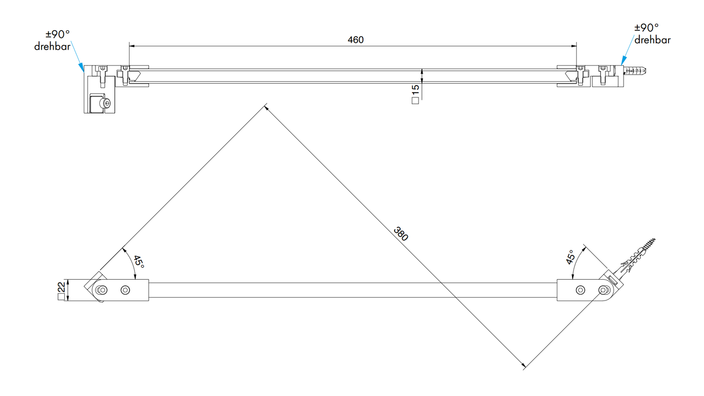 Stabilisatiestang set glas-wand 45° 460 mm - 8796 - Technische Tekening