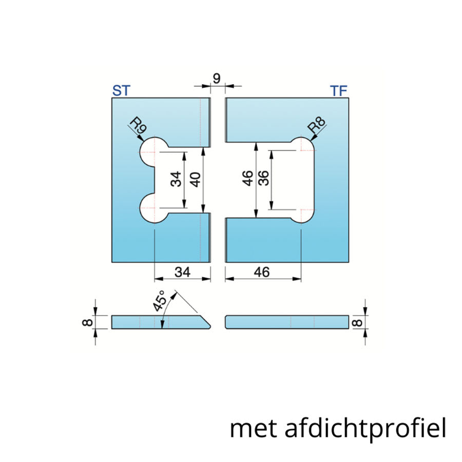 Flamea+ douchescharnier glas/glas 135° - 8131 - Sparing met afdichtprofiel