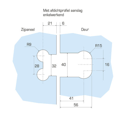 Flamea douchescharnier glas/glas 180° - 8182 - Sparing met afdichtprofiel aanslag enkelwerkend