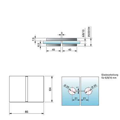 Flamea+ Linea glasklem glas/glas 180° - 8191M1 - Technische Tekening