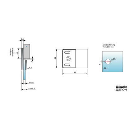 Flamea+ Linea glasklem wand/glas 180° - 8193M1 - Technische Tekening