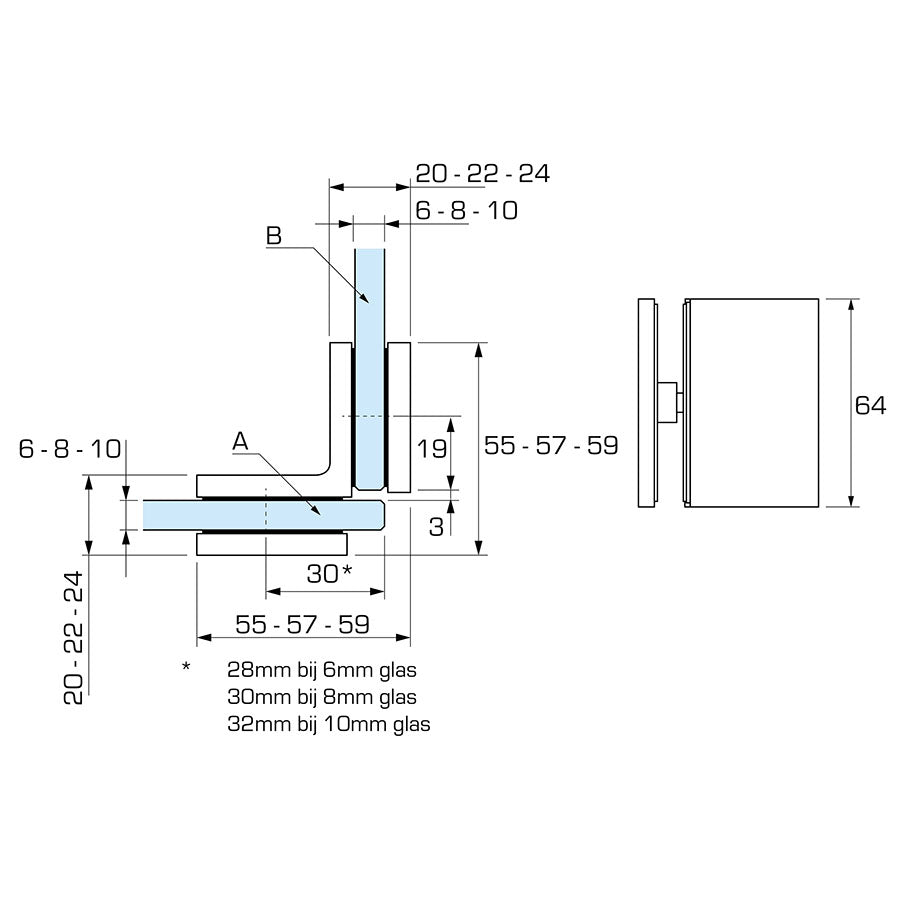 Flamea+ glasklem glas/glas 90° - 8196 - Technische Tekening
