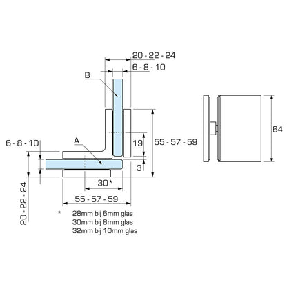 Flamea+ glasklem glas/glas 90° - 8196 - Technische Tekening