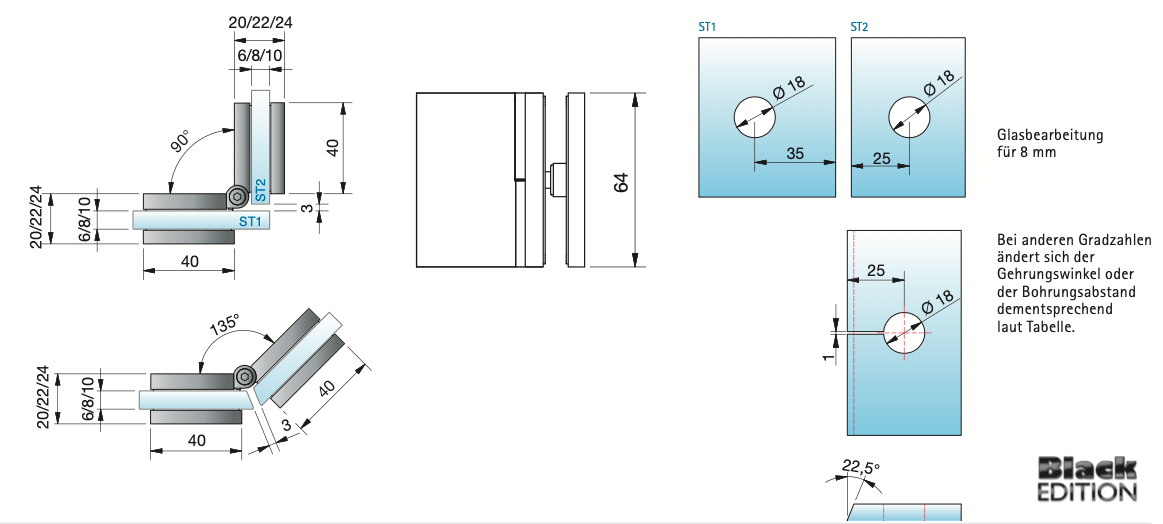 Flamea+ Linea glasklem glas/glas 80°-180° - 8198M1 - Technische Tekening