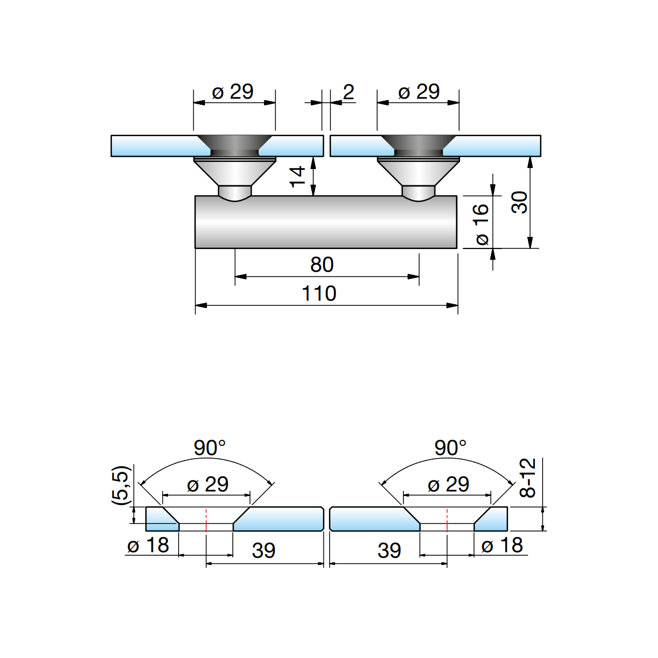 Vivere2 Glas-Glas Connector 180° - 7778VA - Technische Tekening