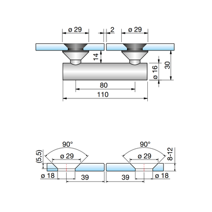 Vivere2 Glas-Glas Connector 180° - 7778VA - Technische Tekening
