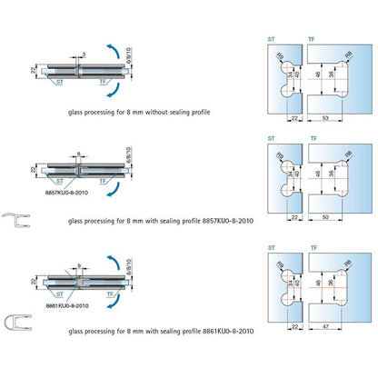 Flamea+ douchescharnier glas/glas 180° - 8132 - Technische Tekening