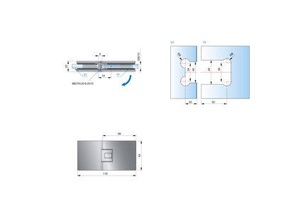 Flamea+ douchescharnier glas/glas 180° - 8132 - Technische Tekening