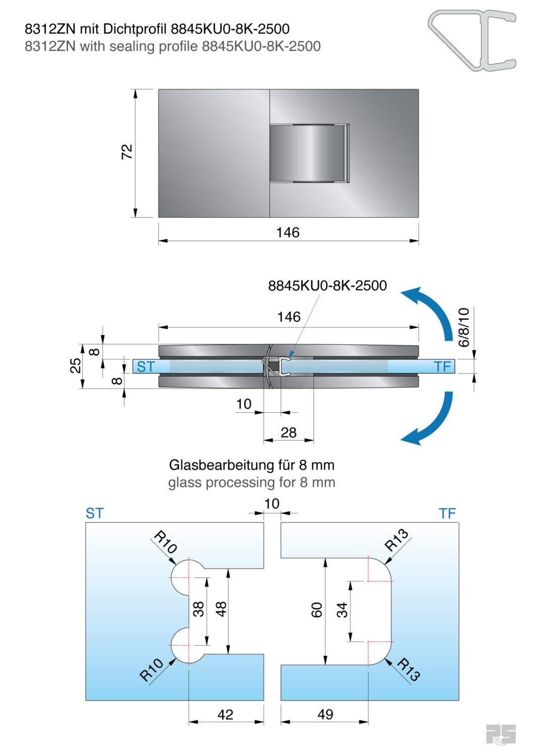 Pontere+ douchescharnier glas/glas 180° - 8312 - Technische Tekening