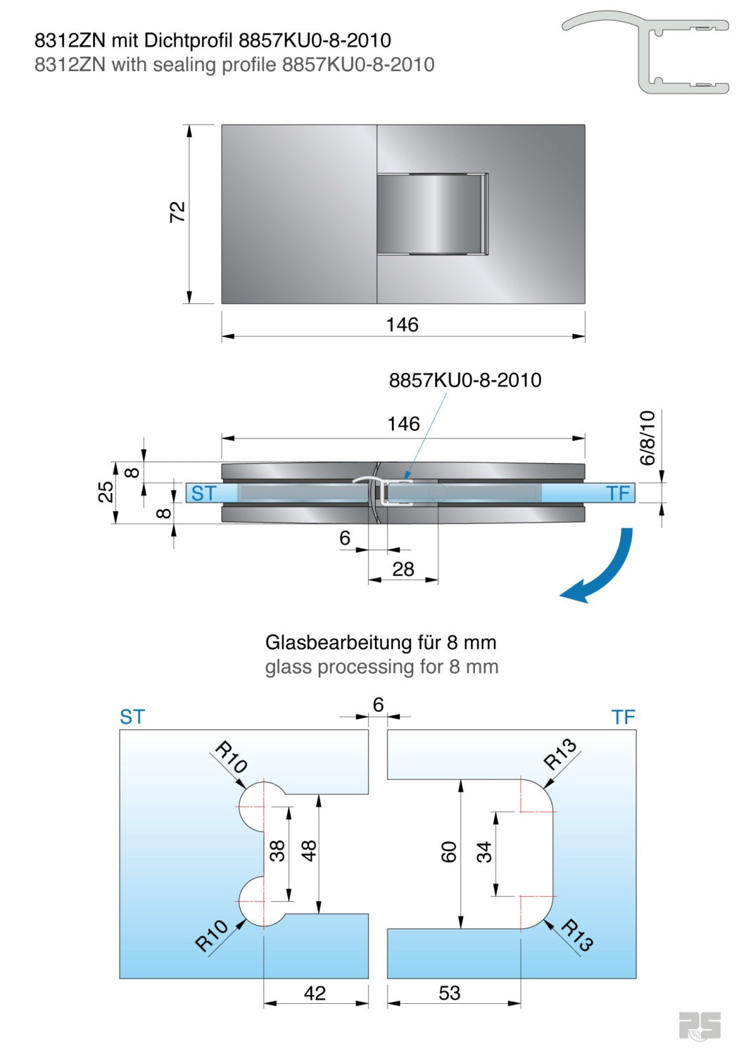 Pontere+ douchescharnier glas/glas 180° - 8312 - Technische Tekening