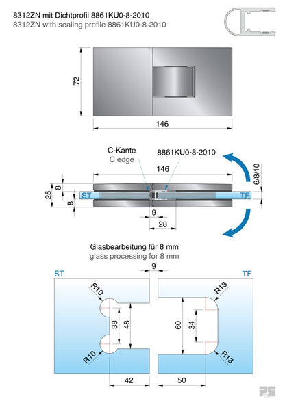 Pontere+ douchescharnier glas/glas 180° - 8312 - Technische Tekening