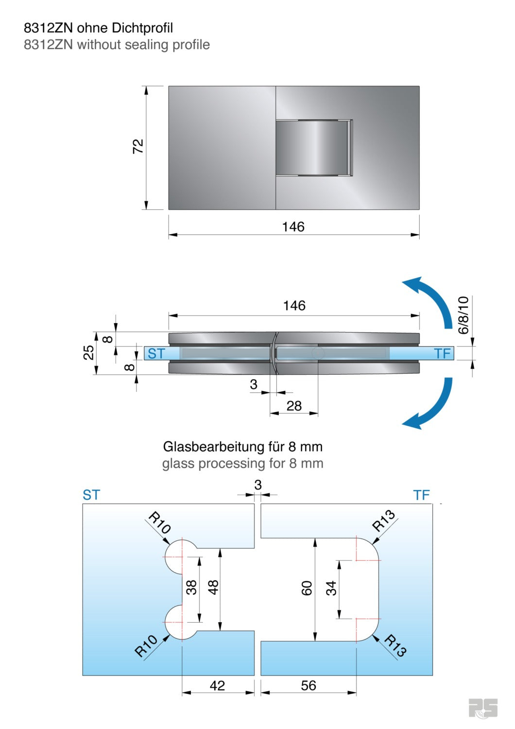 Pontere+ douchescharnier glas/glas 180° - 8312 - Technische Tekening