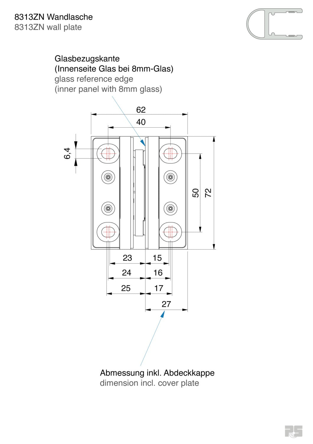 Pontere+ douchescharnier wand/glas 90° - 8313 - Technische Tekening