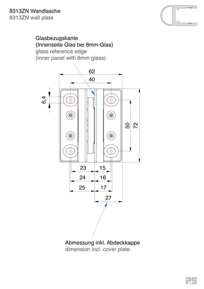 Pontere+ douchescharnier wand/glas 90° - 8313 - Technische Tekening