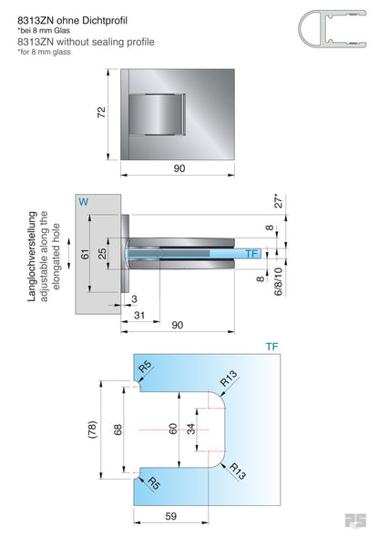 Pontere+ douchescharnier wand/glas 90° - 8313 - Technische Tekening