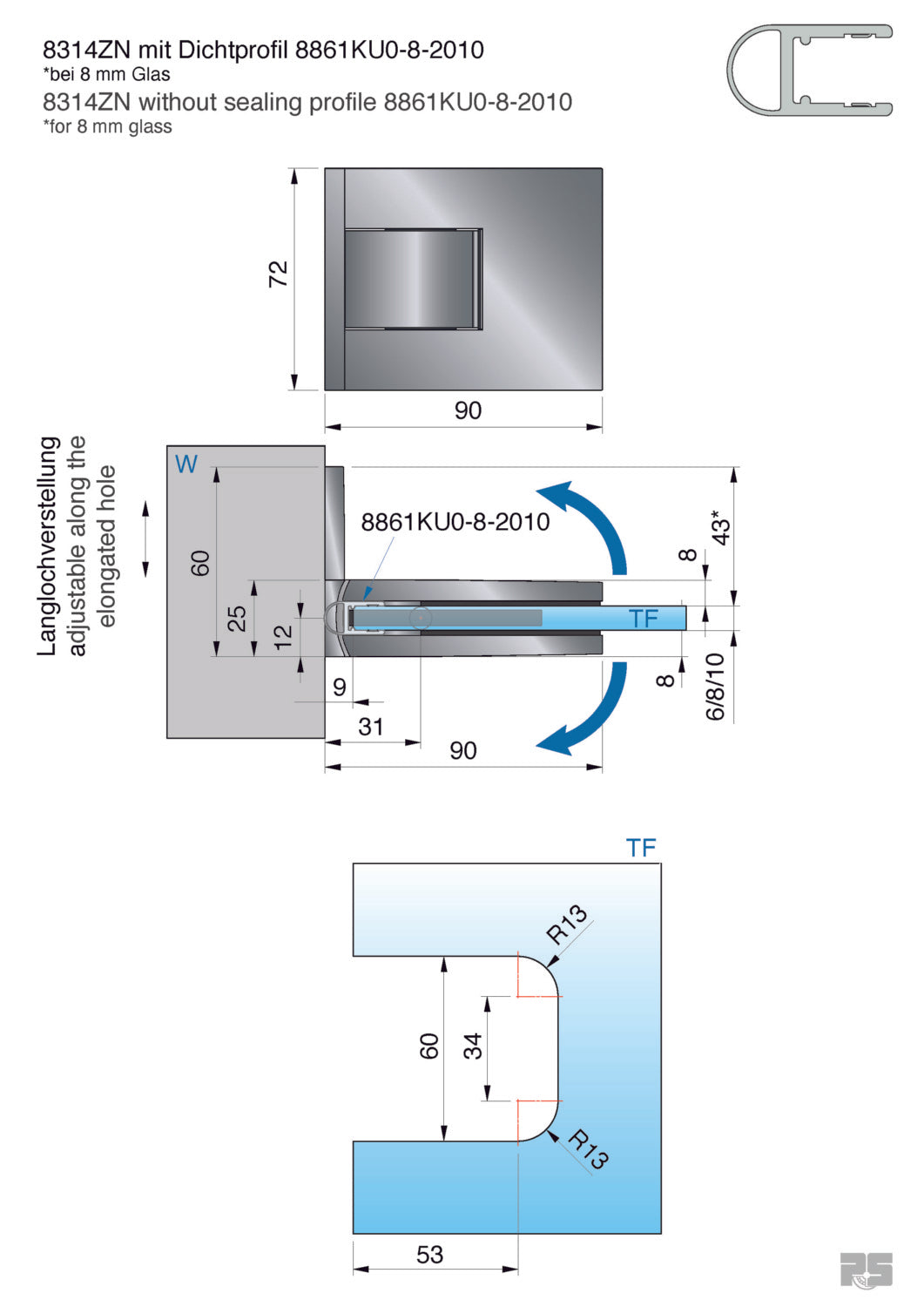 Pontere+ douchescharnier wand/glas 90° - 8314 - Technische Tekening