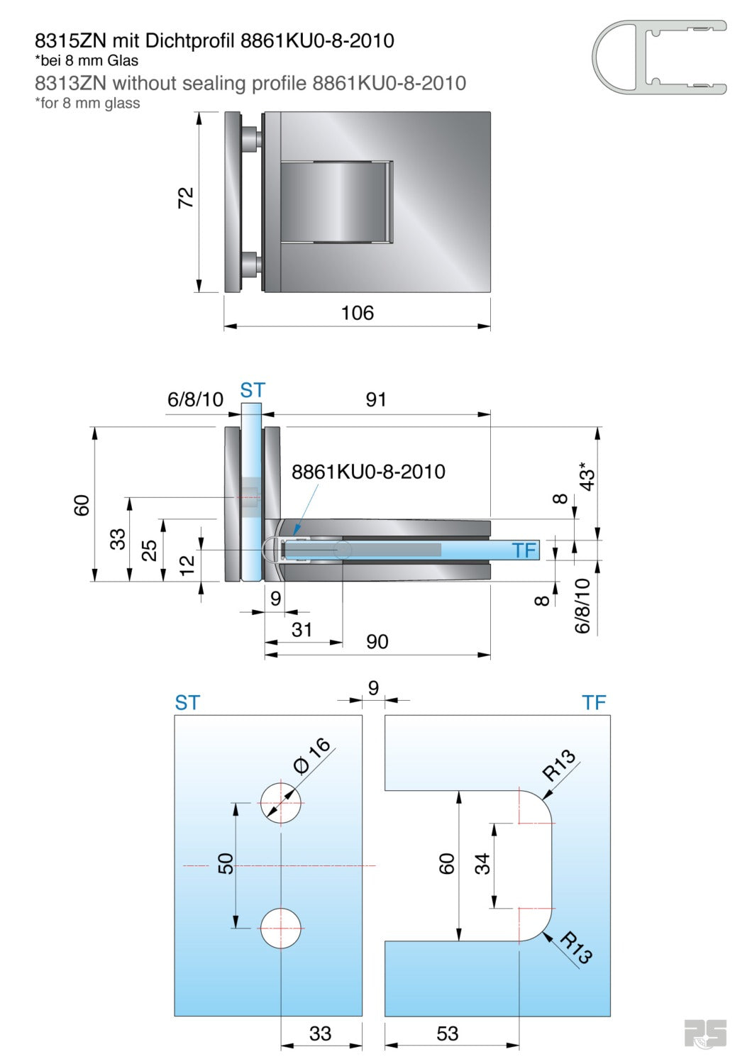 Pontere+ douchescharnier glas/glas 90° - 8315- Technische Tekening