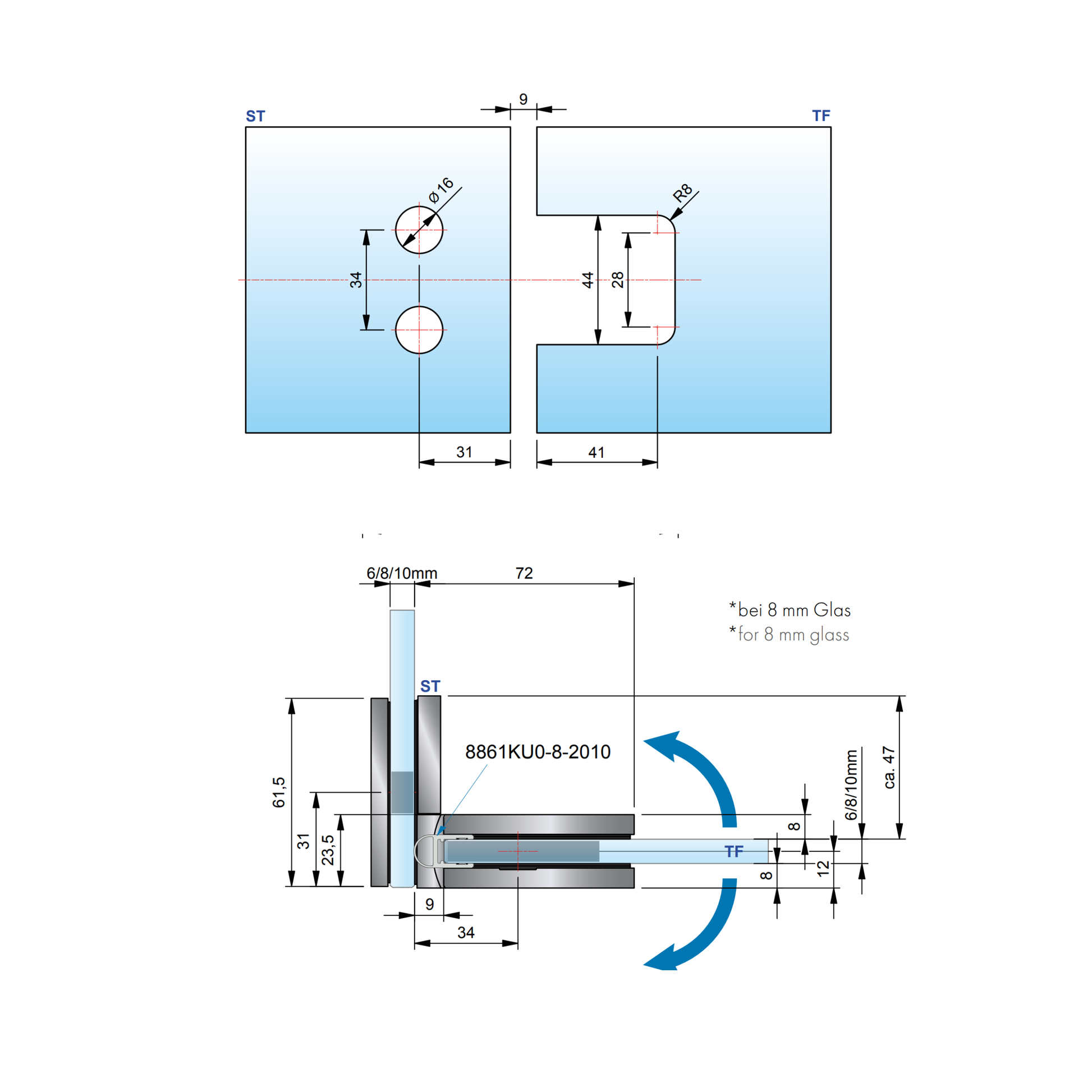 Flamea Pro Mini douchescharnier glas/glas 90° - 8334 - Technische Tekening
