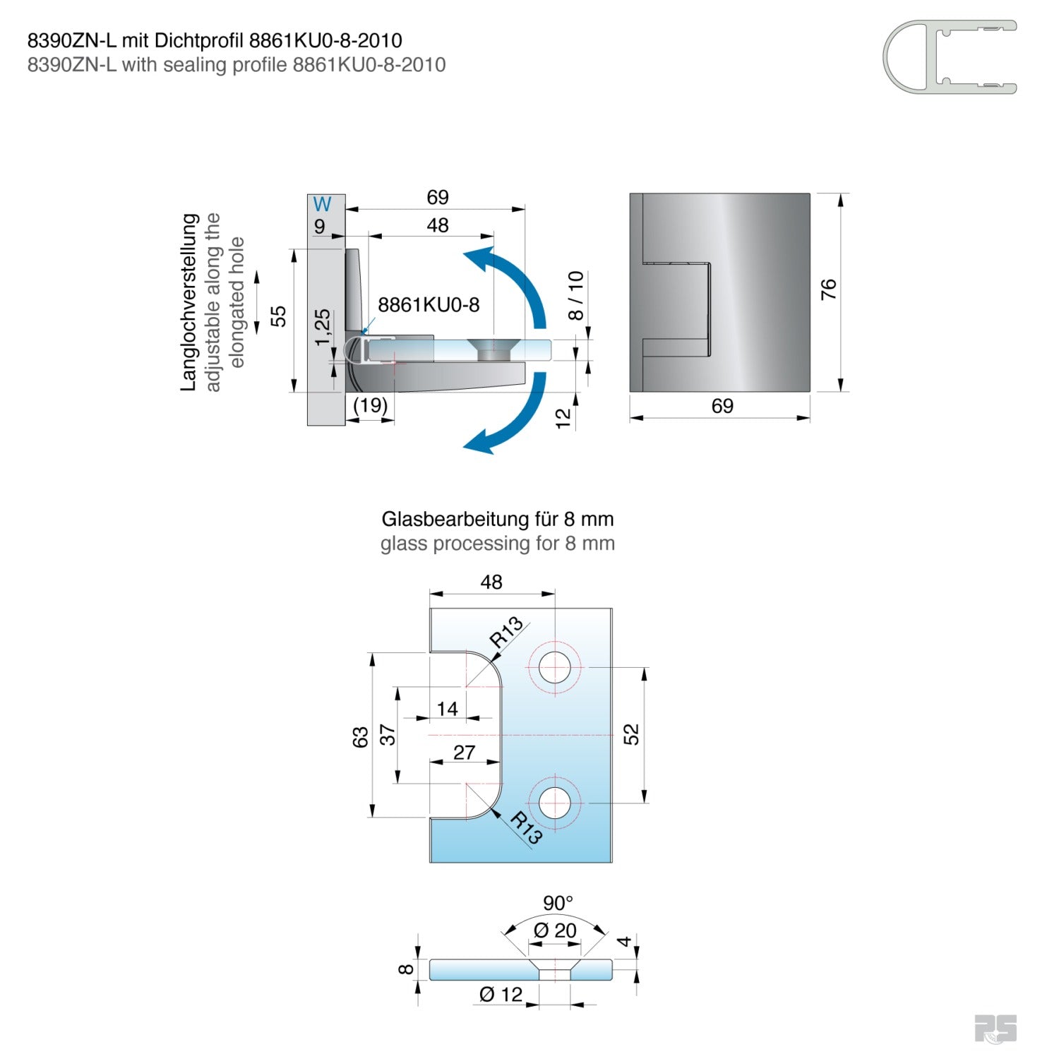 Pavone douchescharnier wand/glas 90° - 8390 - Technische Tekening