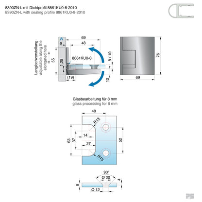 Pavone douchescharnier wand/glas 90° - 8390 - Technische Tekening