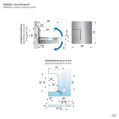 Pavone douchescharnier wand/glas 90° - 8390 - Technische Tekening
