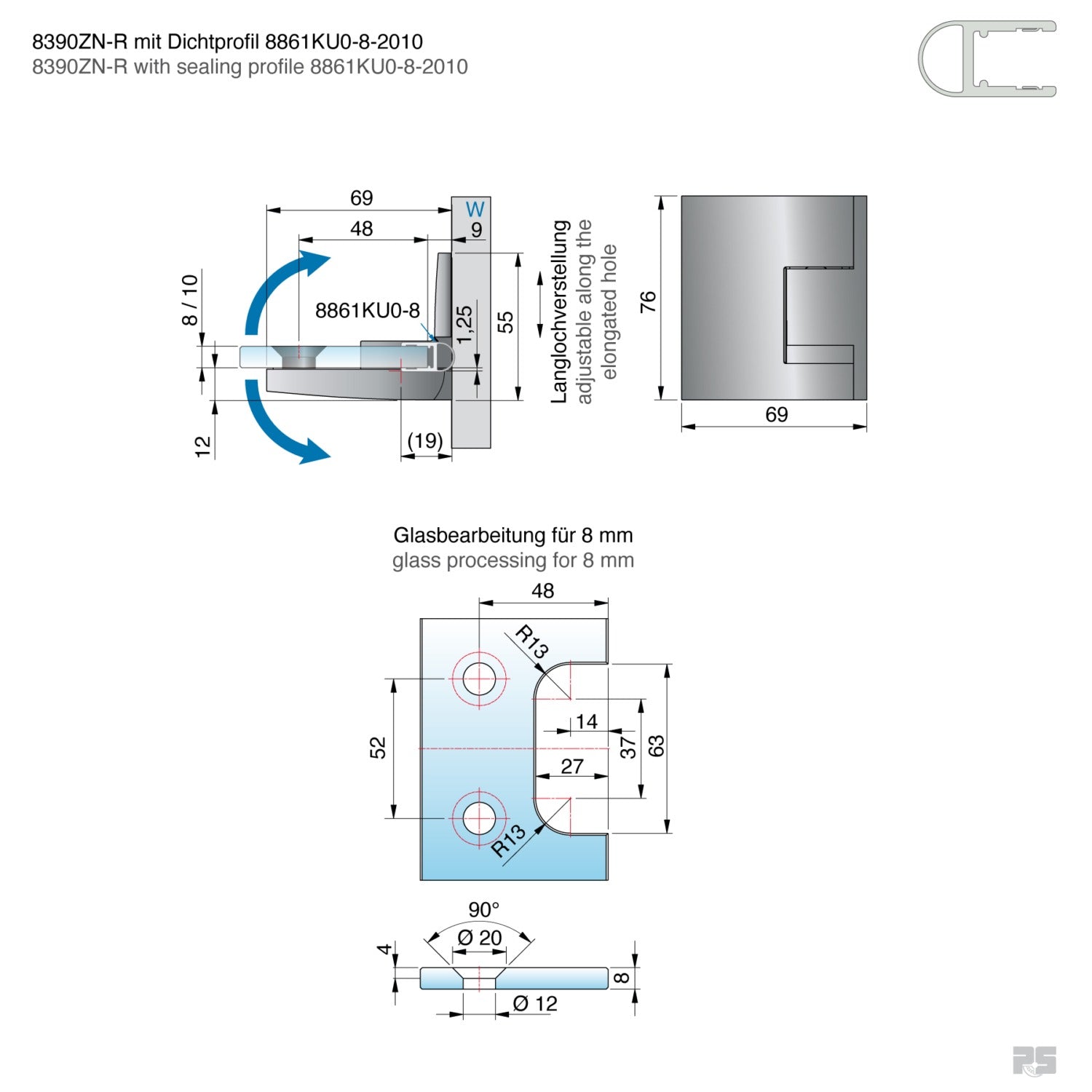 Pavone douchescharnier wand/glas 90° - 8390 - Technische Tekening