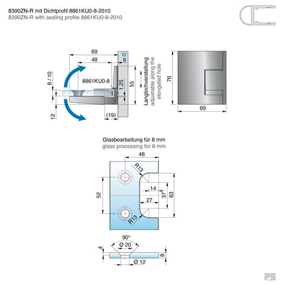 Pavone douchescharnier wand/glas 90° - 8390 - Technische Tekening