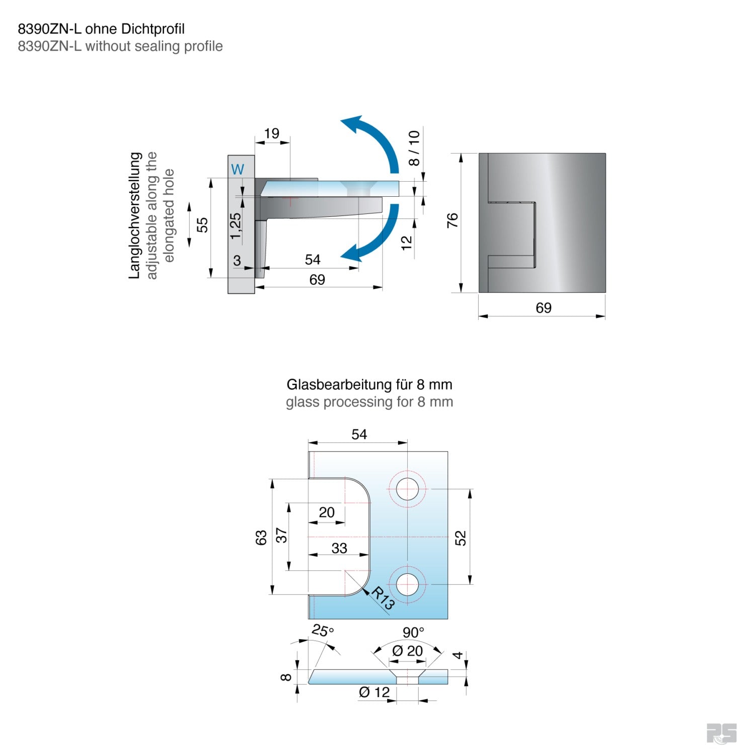 Pavone douchescharnier wand/glas 90° - 8391 - Technische Tekening