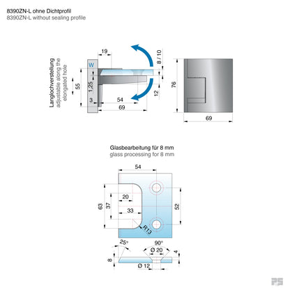 Pavone douchescharnier wand/glas 90° - 8391 - Technische Tekening