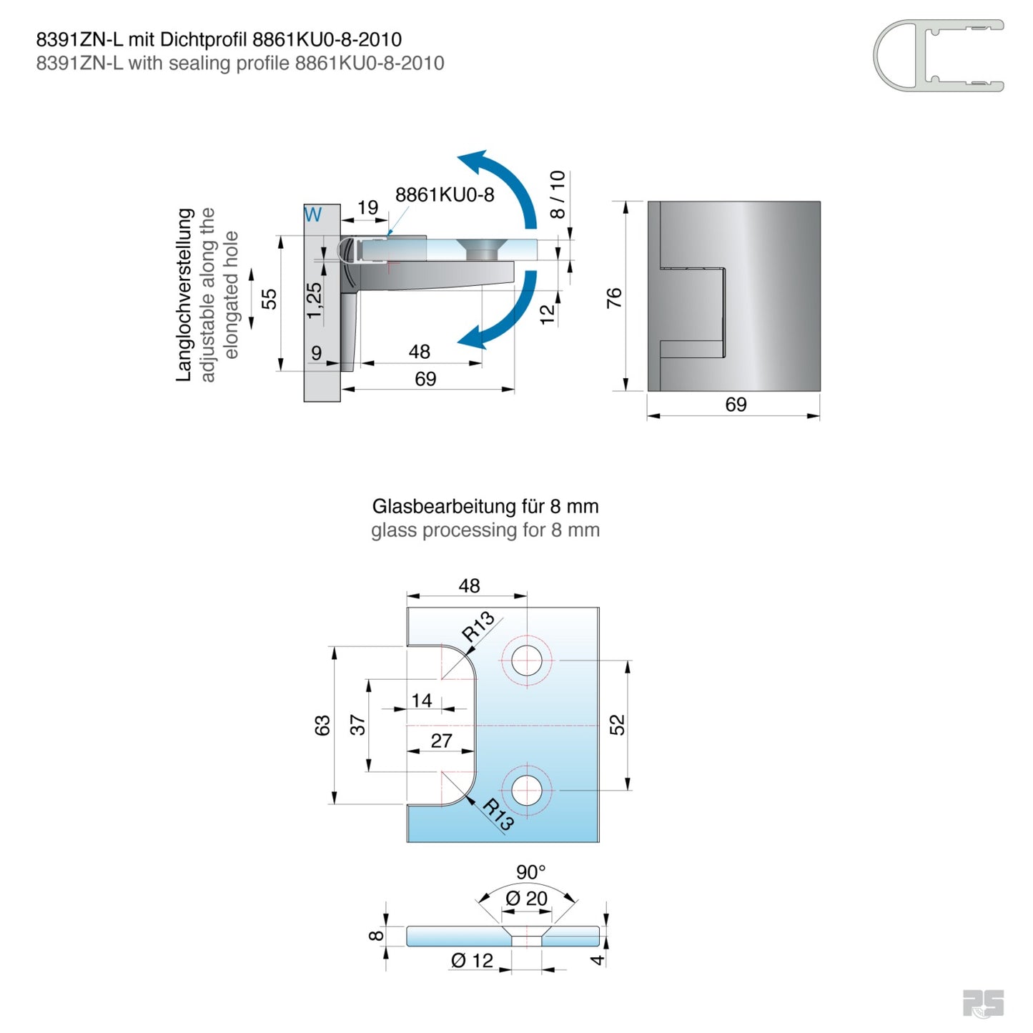 Pavone douchescharnier wand/glas 90° - 8391 - Technische Tekening