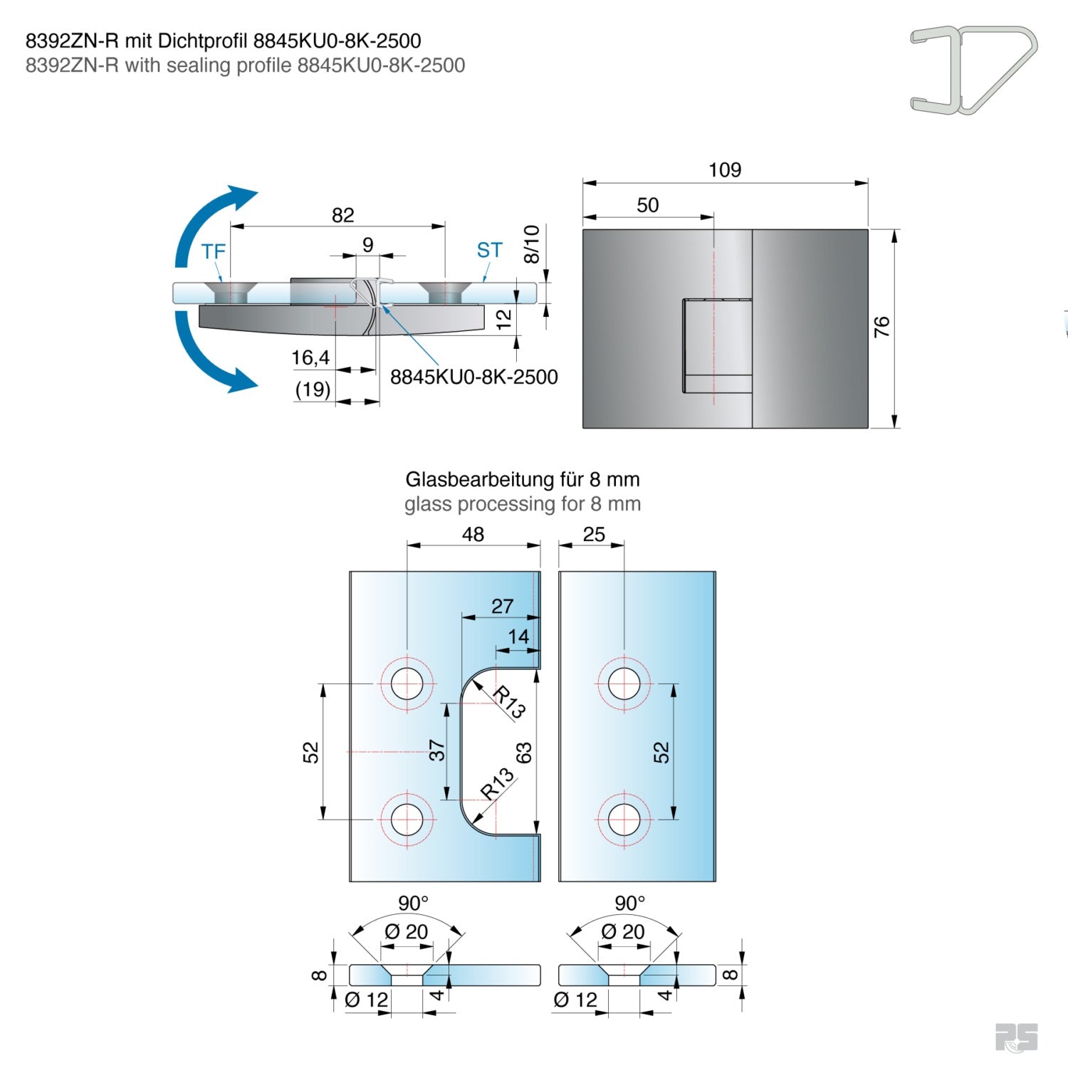 Pavone douchescharnier glas/glas 180° - 8392 - Technische Tekening