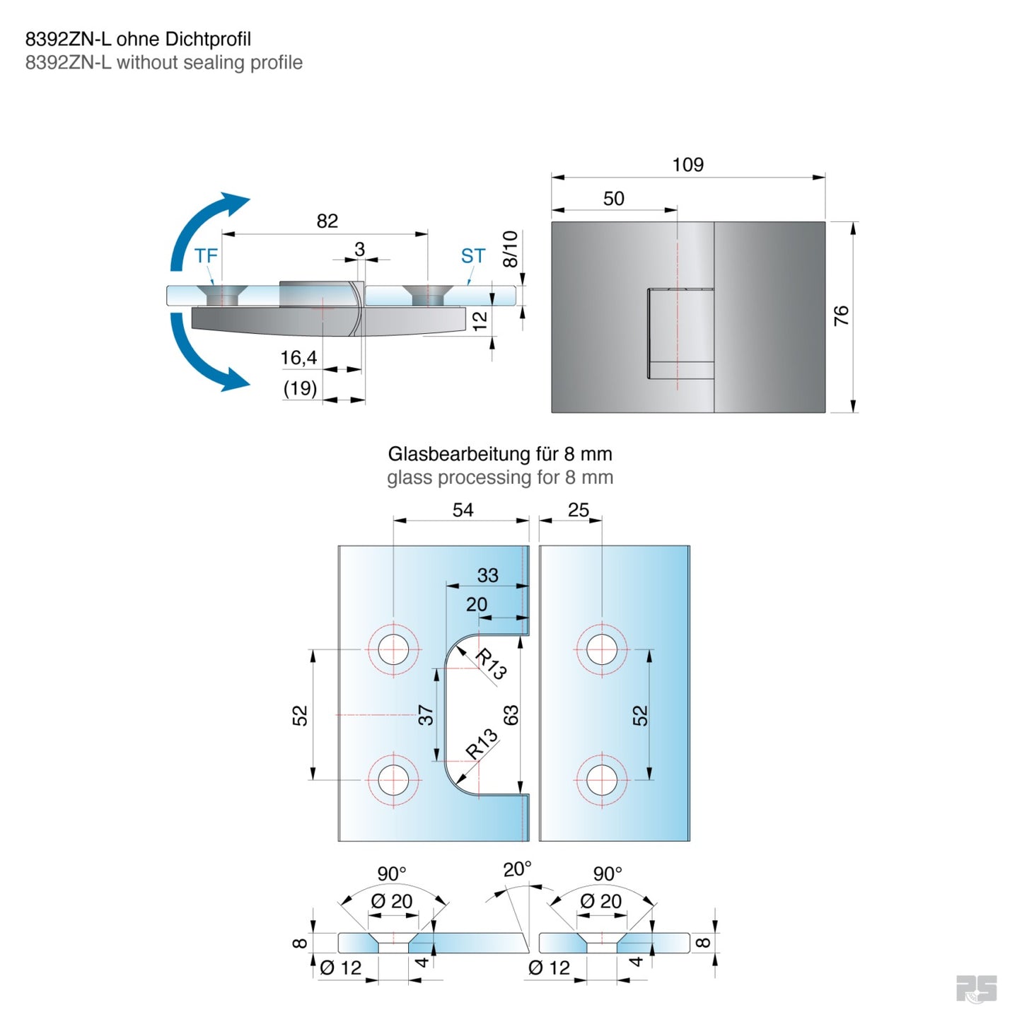 Pavone douchescharnier glas/glas 180° - 8392 - Technische Tekening