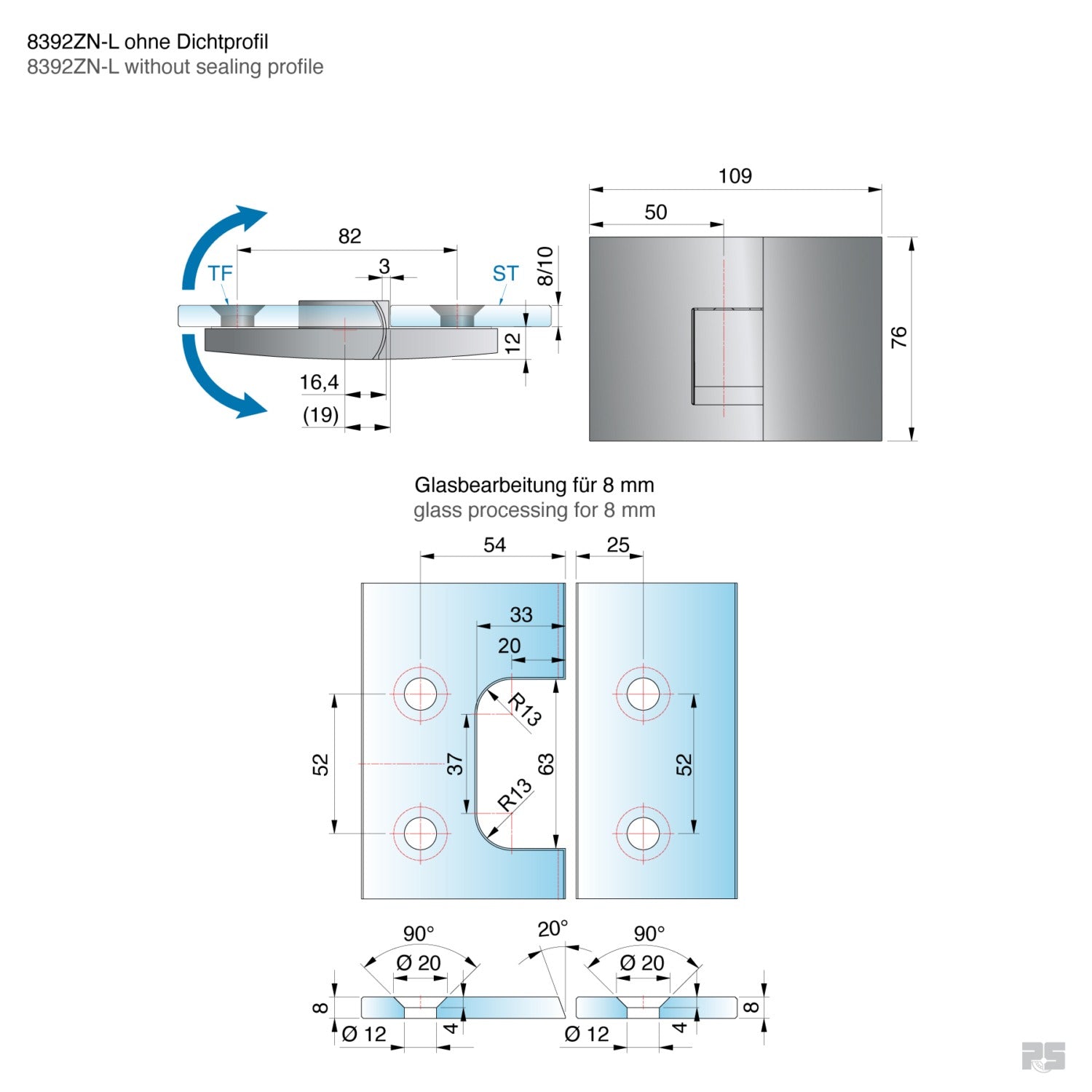 Pavone douchescharnier glas/glas 180° - 8392 - Technische Tekening