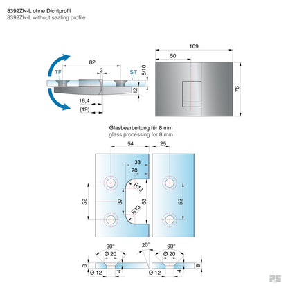 Pavone douchescharnier glas/glas 180° - 8392 - Technische Tekening
