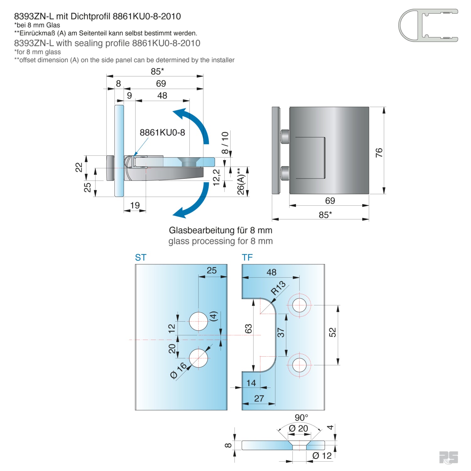 Pavone douchescharnier glas/glas 90° - 8393 - Technische Tekening