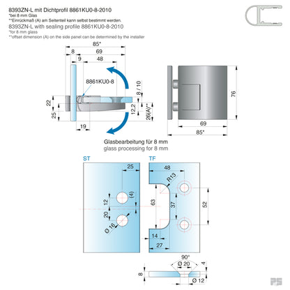Pavone douchescharnier glas/glas 90° - 8393 - Technische Tekening
