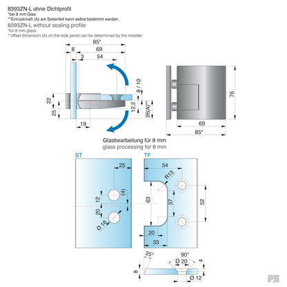 Pavone douchescharnier glas/glas 90° - 8393 - Technische Tekening