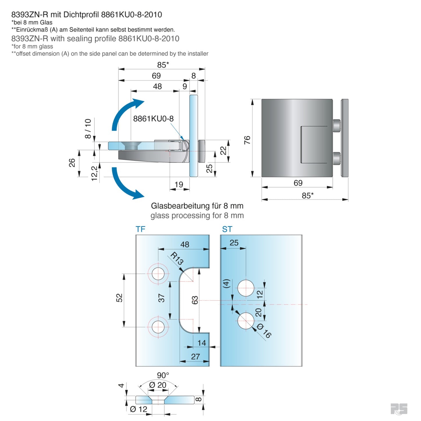 Pavone douchescharnier glas/glas 90° - 8393 - Technische Tekening