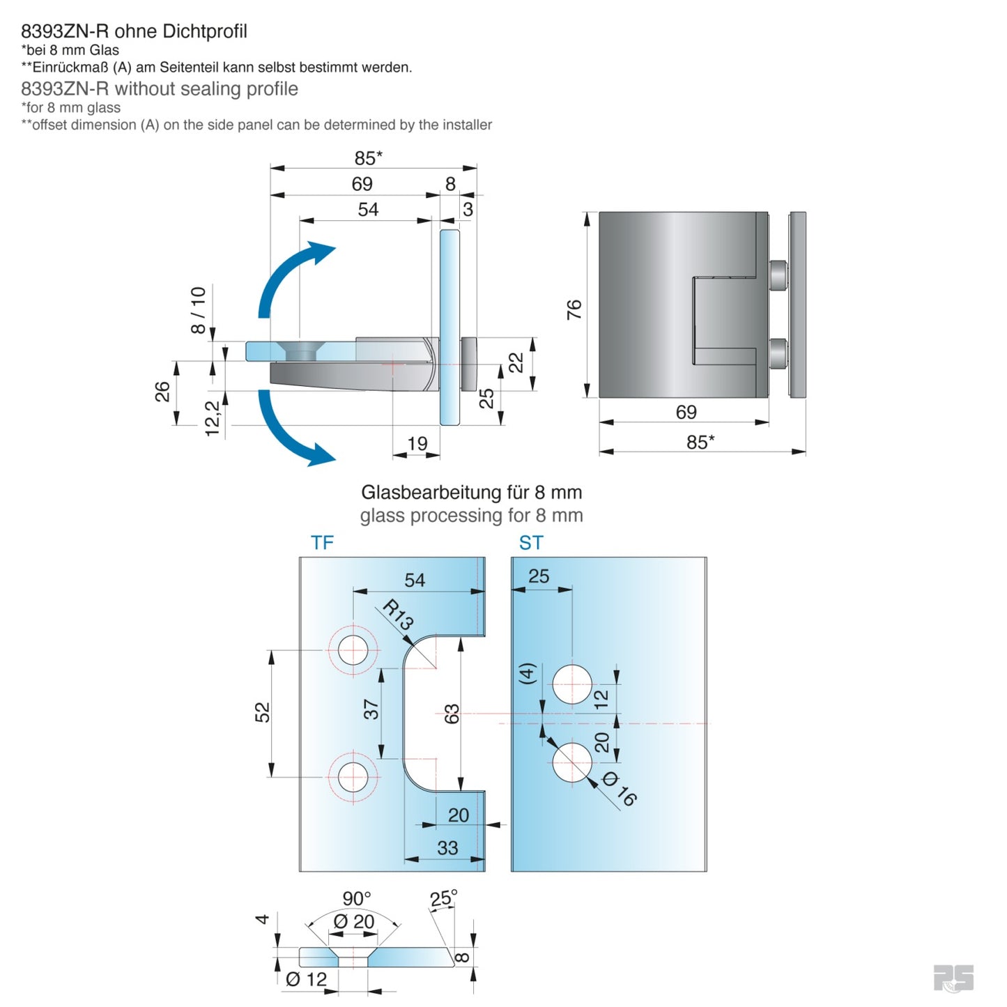 Pavone douchescharnier glas/glas 90° - 8393 - Technische Tekening