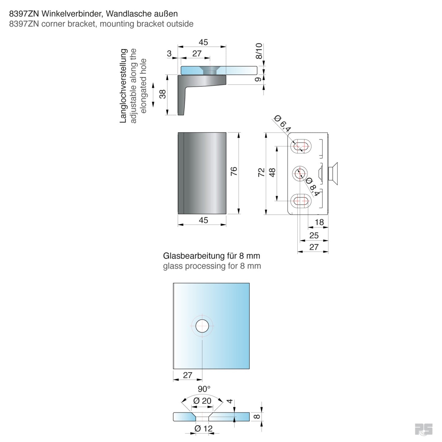 Pavone glasklem wand/glas 90° - 8397 - Technische Tekening