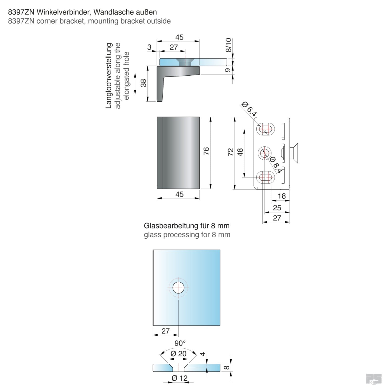 Pavone glasklem wand/glas 90° - 8397 - Technische Tekening