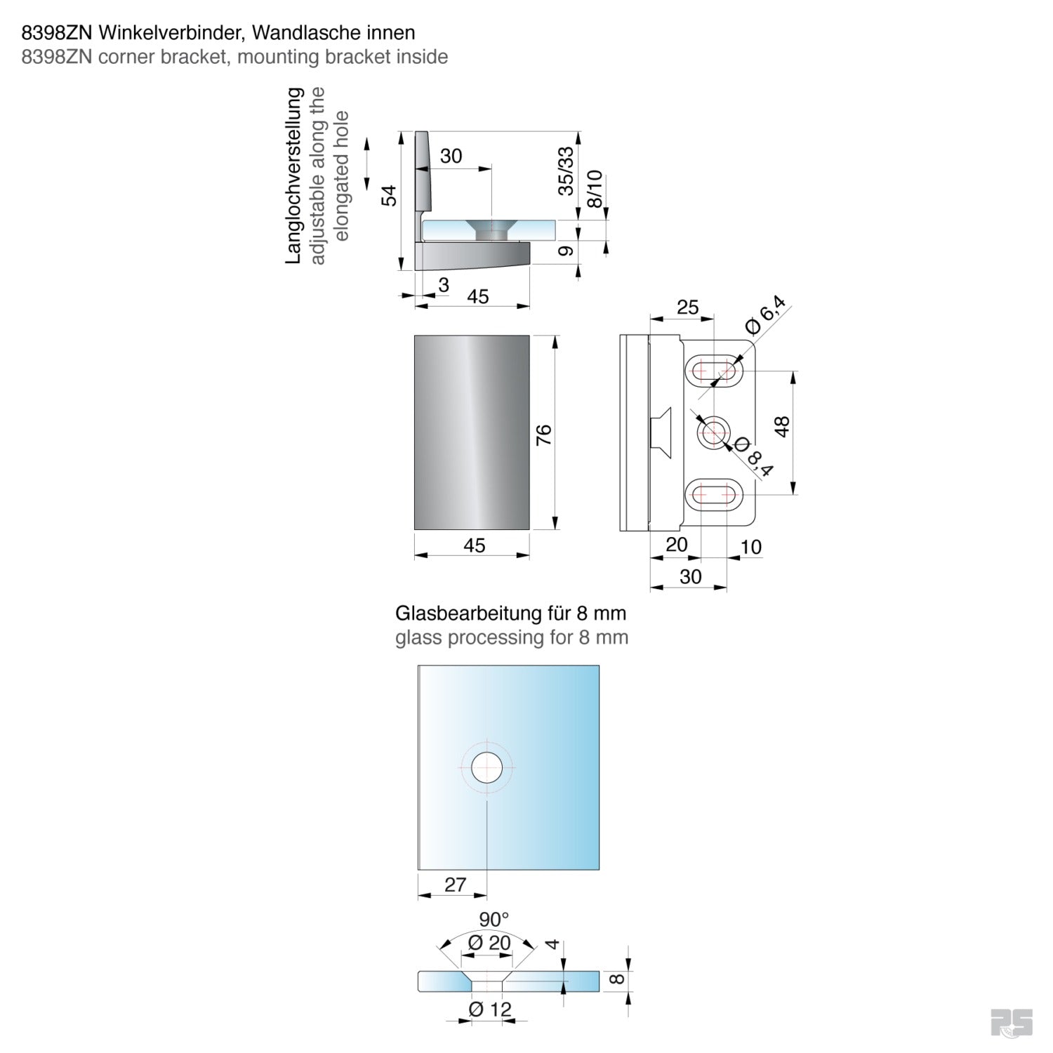 Pavone glasklem wand/glas 90° - 8398 - Technische Tekening