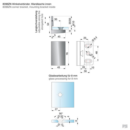 Pavone glasklem wand/glas 90° - 8398 - Technische Tekening