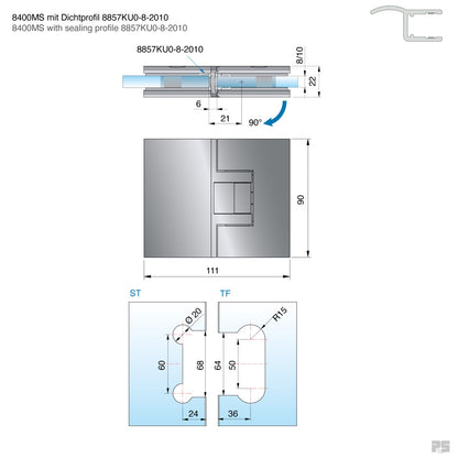 Pontere douchescharnier glas/glas 180° - 8400 - Technische Tekening