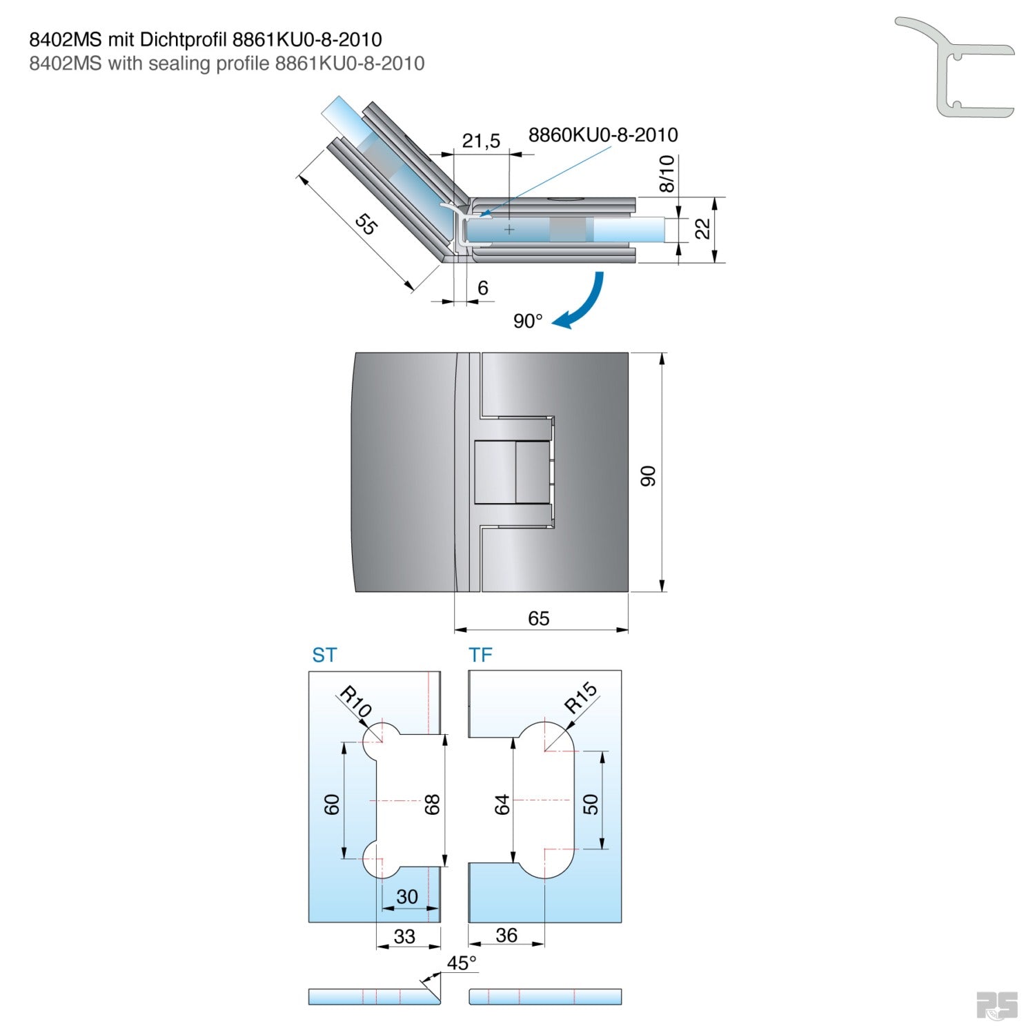 Pontere douchescharnier glas/glas 135° - 8402 - Technische Tekening