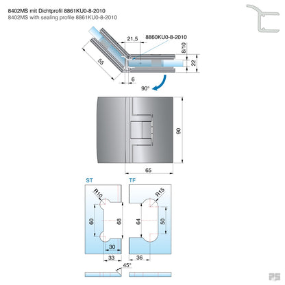 Pontere douchescharnier glas/glas 135° - 8402 - Technische Tekening