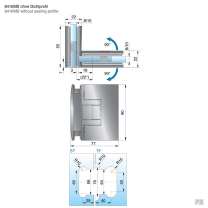 Pontere douchescharnier glas/glas 90° - 8410 - Technische Tekening