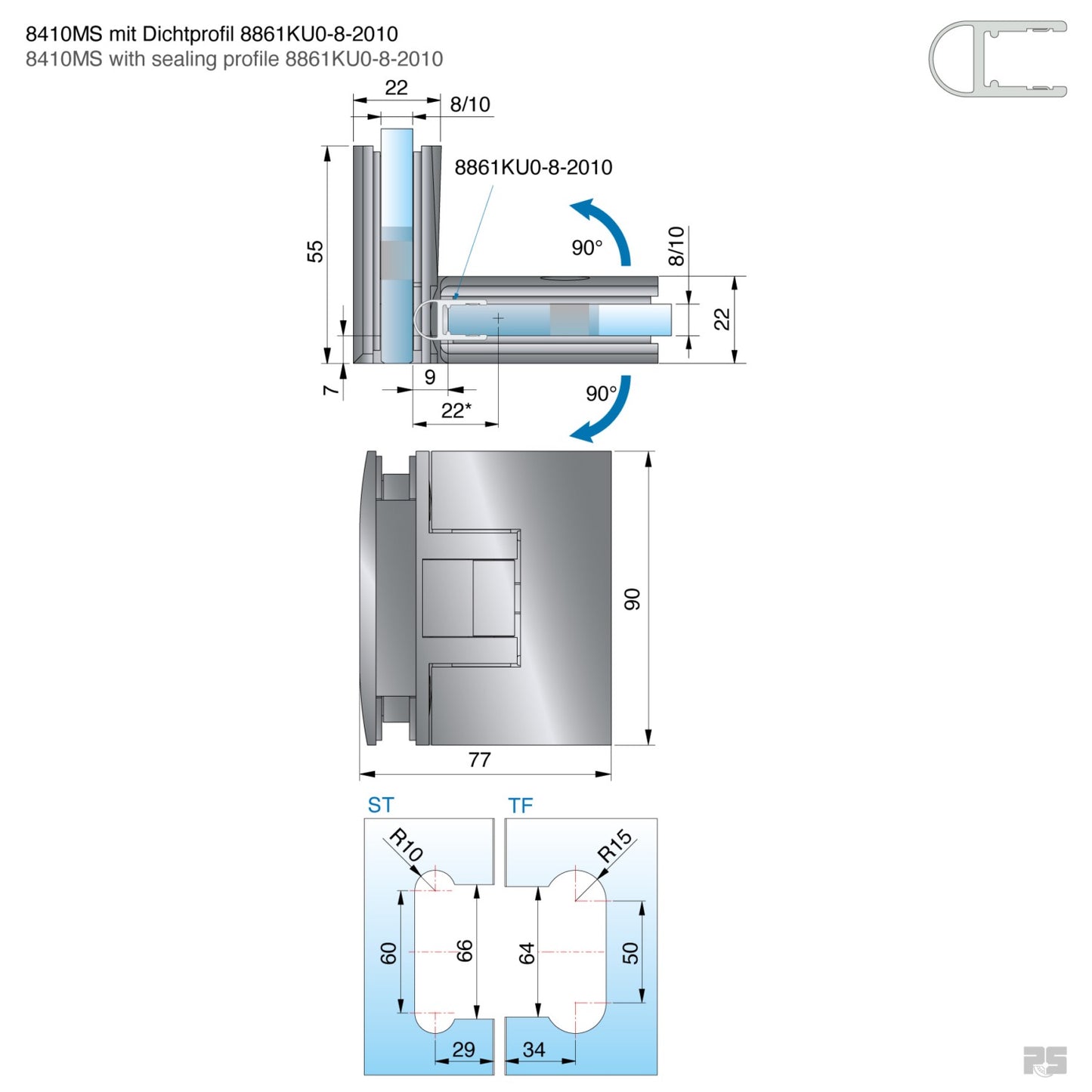 Pontere douchescharnier glas/glas 90° - 8410 - Technische Tekening