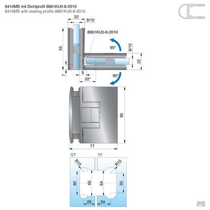 Pontere douchescharnier glas/glas 90° - 8410 - Technische Tekening