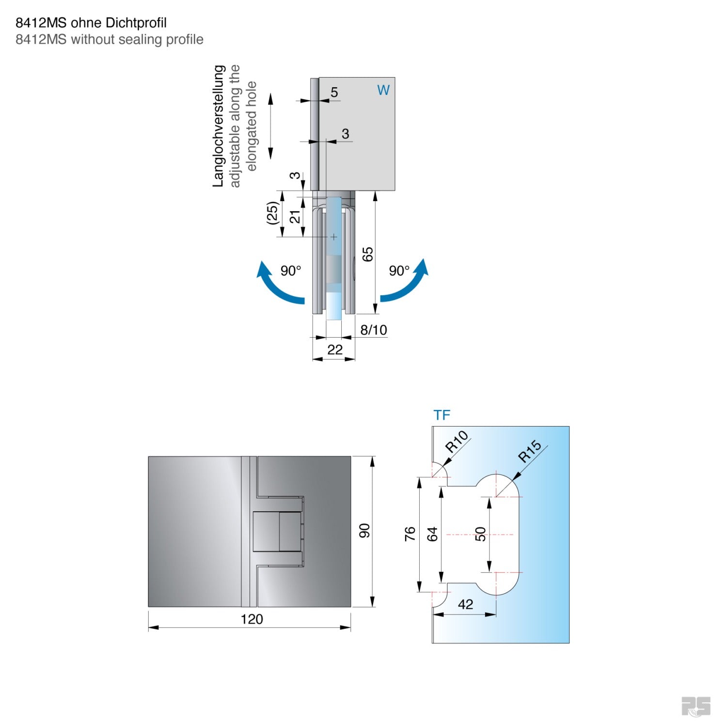 Pontere douchescharnier wand/glas 180° - 8412 - Technische Tekening